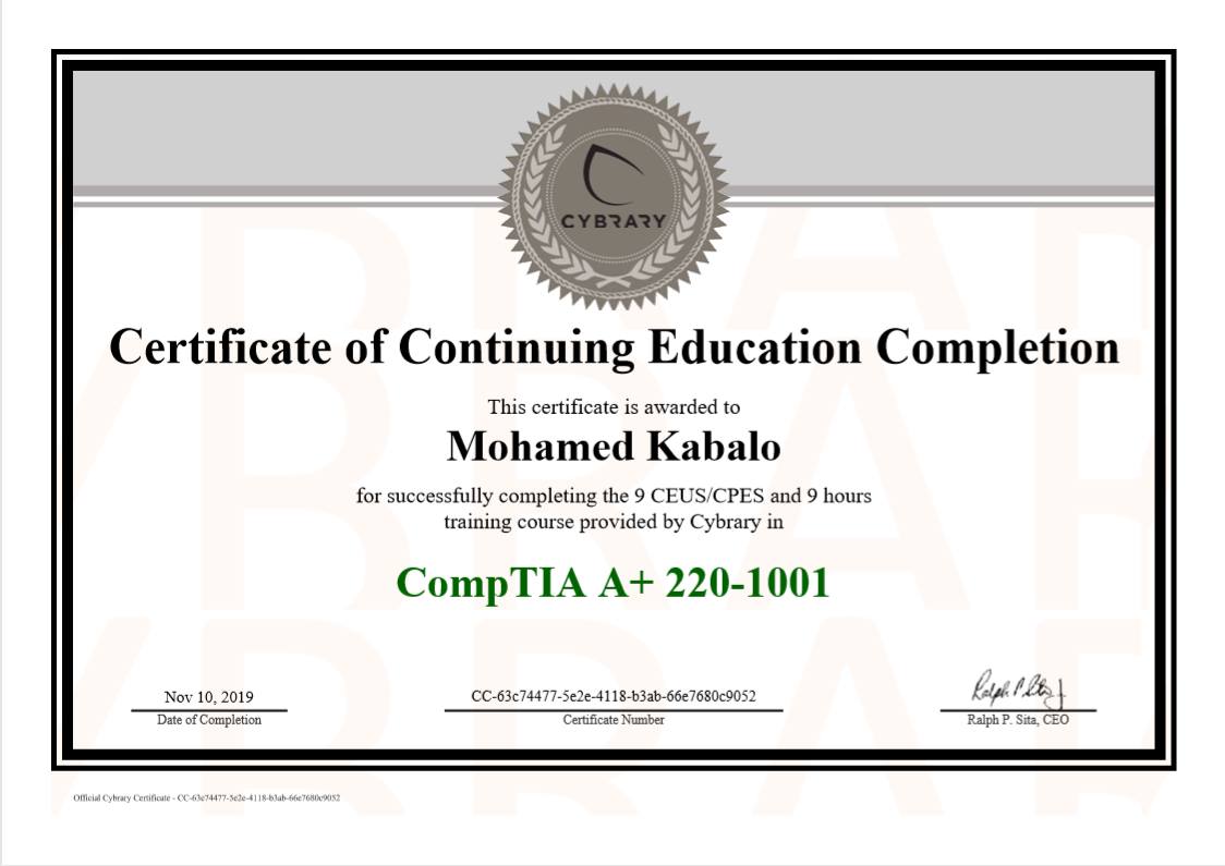 Certificate of CompTIA A+ 220-1001